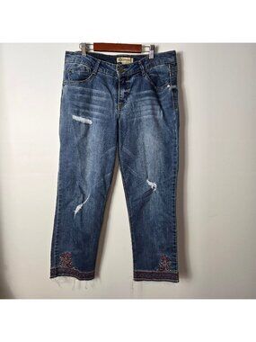 Democracy Size 10 Embroidered Raw Hem Distressed Slim Straight Jeans Stretchy